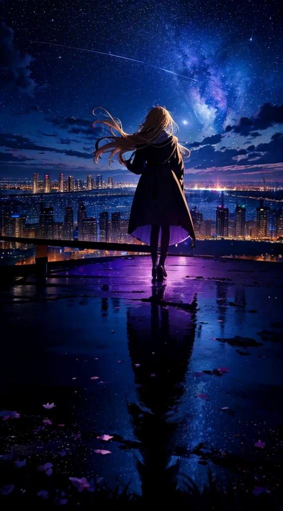 １people々々,Blonde long-haired woman，long coat， Dress Silhouette， Rear view，space sky, comet, anime style, dancing petals，Night view of the city from the mountainside，
