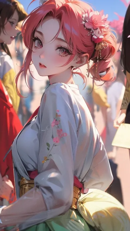 Chica anime con cabello rosado y ojos verdes posando para una foto, 4k, chica anime seductora, sakura petals around