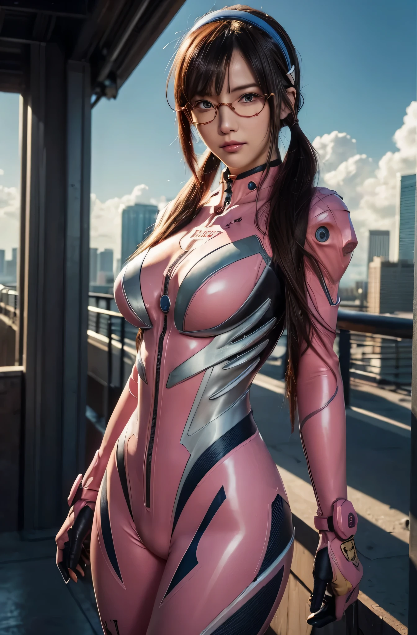 1 girl, Mari Makinami, huge breasts, perfect body,long hair, brown hair, twin tails, (low twin tails:1.5), hair band, blue hair band, blue eyes, (parted bangs:1.5), smile, break bodysuit, Mecha, SF, red frame glasses, pilot suit, plug suit, pink bodysuit, break outdoors, city, sun, null, cloud, break looking at viewer, (cowboy shot:1.5), break (masterpiece:1.2), highest quality, High resolution, unity 8k wallpaper, (figure:0.8), (detailed and beautiful eyes:1.6), highly detailed face, perfect lighting, photograph, (perfect hands, perfect anatomy)