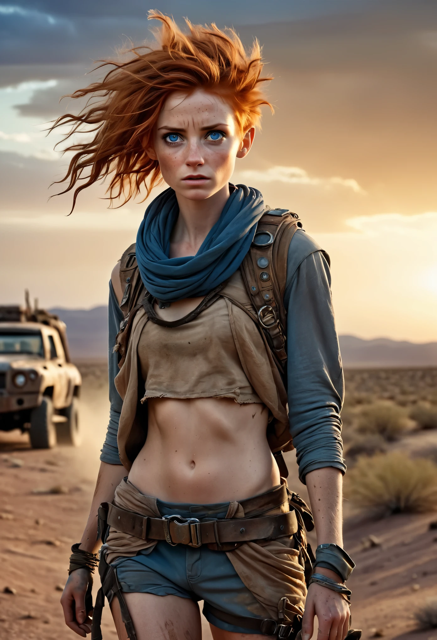 photorealistic, (Masterpiece photo), full body shot, a desert post apocalyptic landscape at sunset, (in the style of desert rangers from "Wasteland"), a cute woman with ginger short disheveled hair, post apocalyptic nomadic clothes, natural skin texture, blue-grey eyes, some freckles on face, skinny runners body, detailed face, and eyes, ultra realistic face, looking tired, tattered fabric, unconventional accessories, action movie picture,  in dinamic, dark arts, 16K, ultra high res, analog photo style, depth of  field,  UHD, RAW, DSLR
