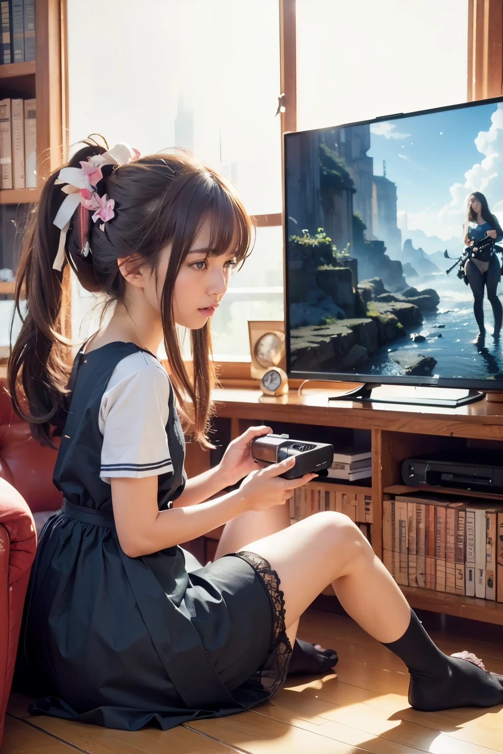 Anime girl sitting on the floor playing a video game on a tv - SeaArt AI