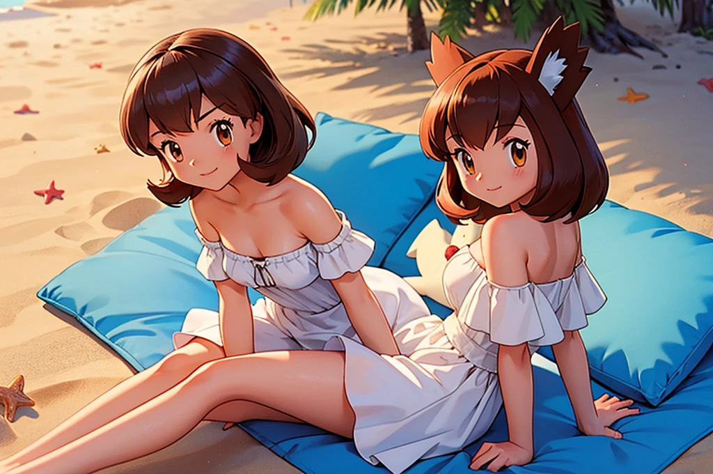 masterpiece, best quality, ultra-detailed, illustration, beautiful detailed eyes, very detailed illustration, cinematic lighting, 1 girl, solo, Pokemon Heroes (Bianca), Brown Hair, short hair, brown eyes, 1 girl, solo, bare shoulders, strapless, off shoulders, ruffle off the shoulder top, white maxi dress, intricate details, sharp focus, high resolution, beachside，evening light，early evening，sun down, sitting down on the beach, barefoot, her arms on the sand, a blue pillow on her back, cowboy shot, light smile, blue sunset skies, looking at viewers, dynamic angle,