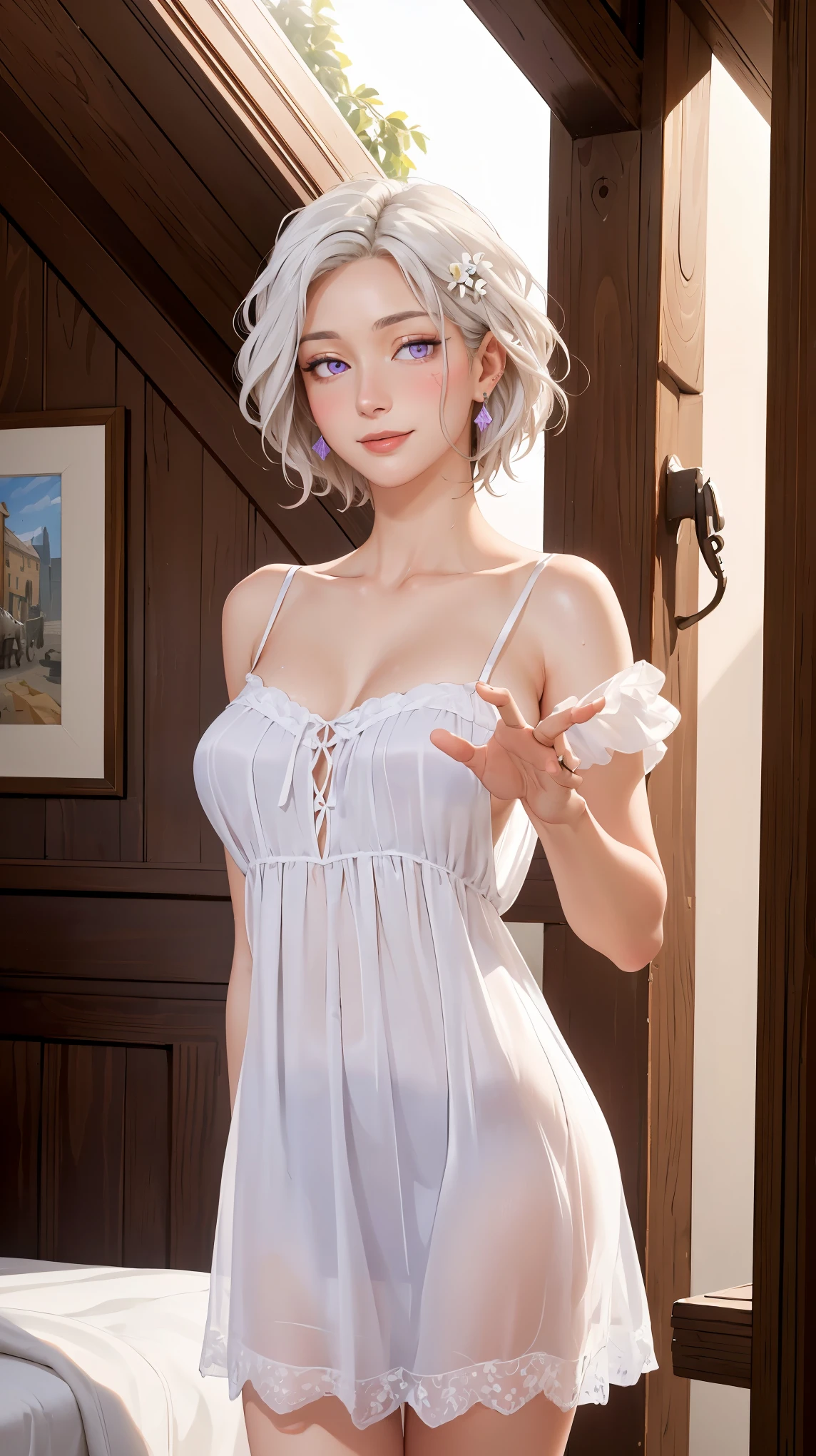 ((((masterpiece, best quality, high resolution)))), Extremely detailed 8K, Beautiful girl with voluptuous body, (Ultra HD, Ultra-detailed, Highly detailed, Highly realistic, Ultra-realistic, photograph realistic), (1girl:1.5), (Realistic white hair), (short wavy hair, hair ornaments, earrings), (dynamic poses), facing at camera, looking at viewer, (blushing red, embarrassed, smile), (purple eyes, sharp eyes), (perky breasts:1.2), (beautiful detailed face, beautiful detailed eyes), ((white satin nightdress, thin material)), (detail pussy), (standing up), sweat, glow, (sunbeam, sunlight), ((cowboy shot)), bedroom, seductive