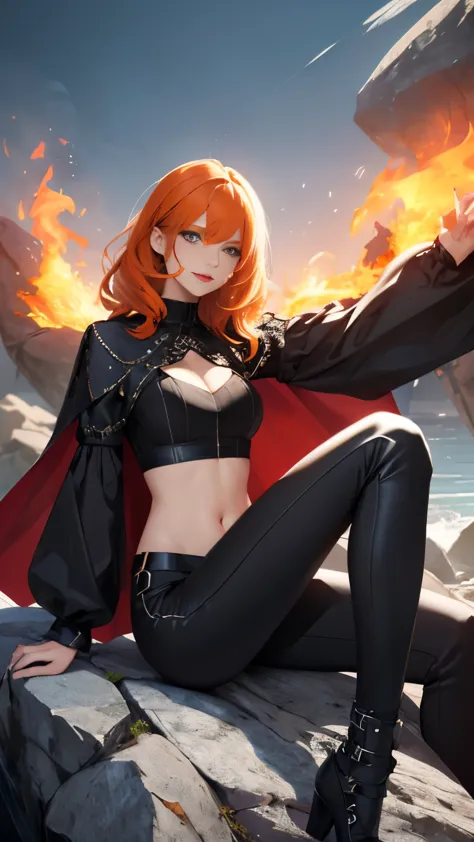 (highly quality, masterpiece, detailed), fire city detailed scenario, fire city detailed background, solo, orange hair, madelyne...