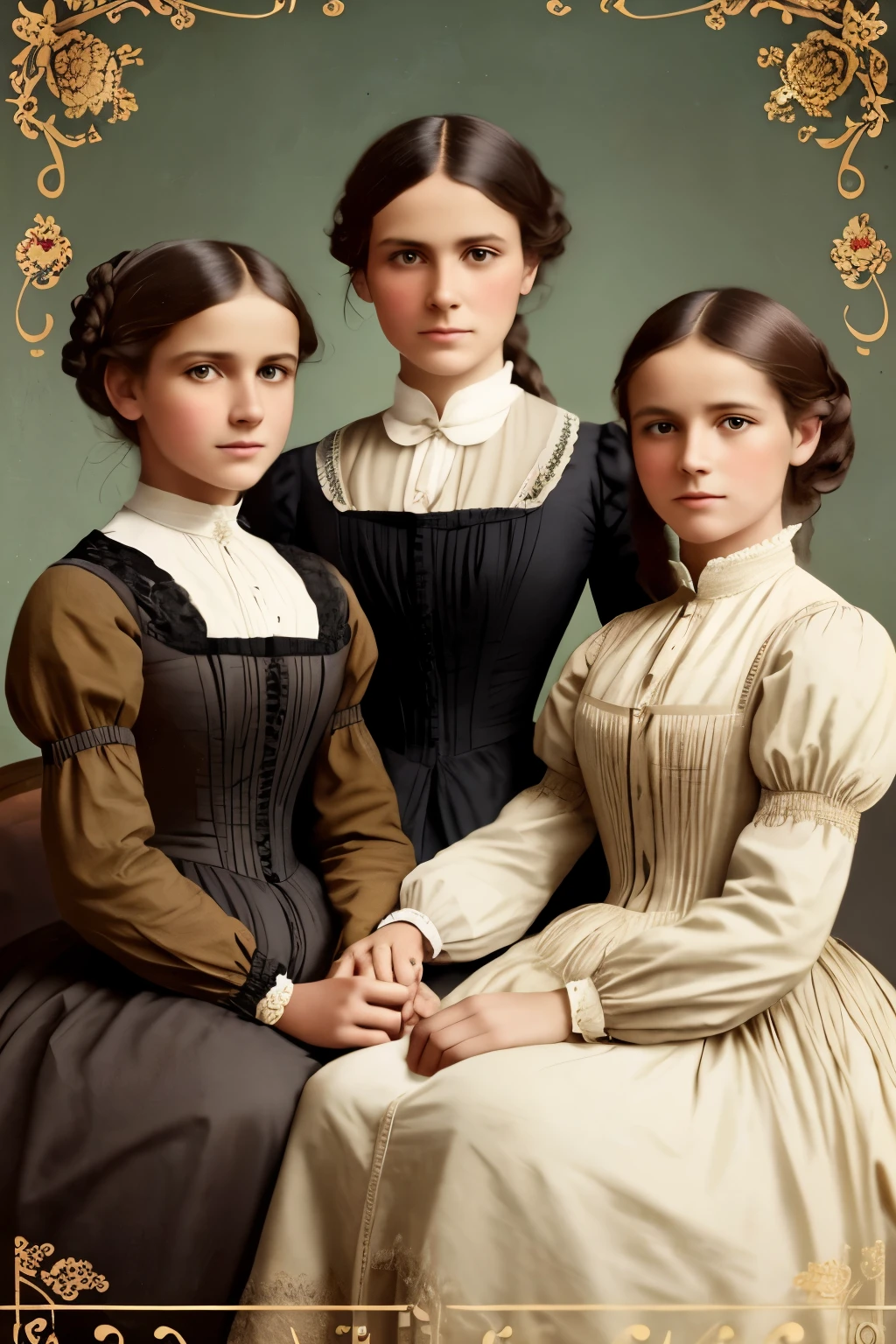 1880 ,mother and her 2 tween daughters on a magazine cover, vibrant colors, high-resolution, realistic portrayal,Victorian style, view forward, loving bond, trendy attire, captivating smiles, natural beauty, professional lighting, contemporary style, artistic composition,  victorian age beauty, professional lighting, contemporary style, artistic composition