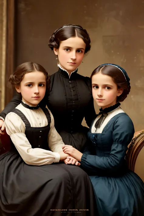 1880 ,mother and her 2 tween daughters on a magazine cover, vibrant colors, high-resolution, realistic portrayal,Victorian style...