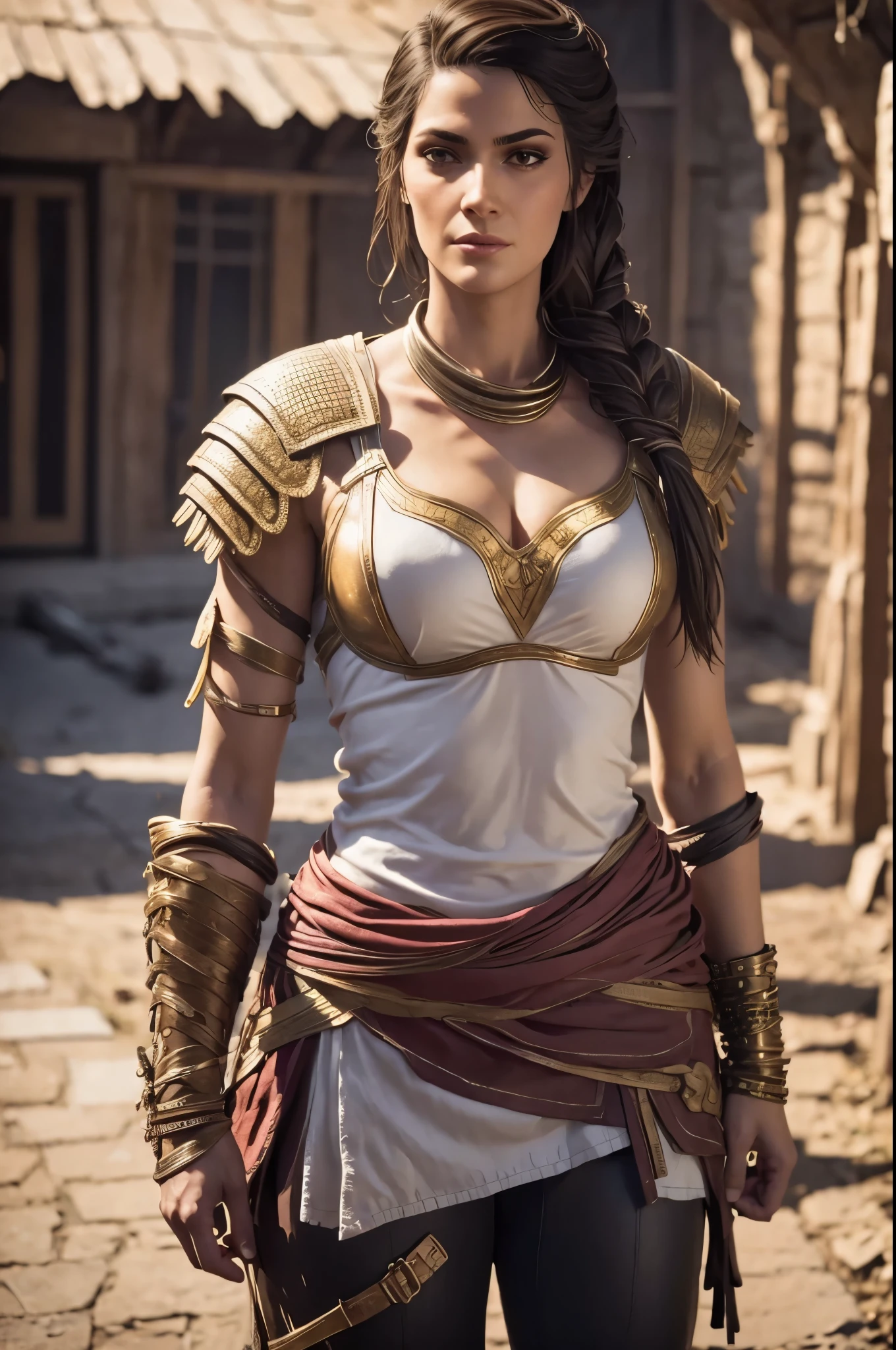 Kassandra Assassin&#39;s Creed Universe extremadamente detallada,labios detallados, ojos detallados, pestañas detalladas, cara detallada, piel texturizada, iluminación súper detallada, ((tiro de cuerpo completo,)) Armadura detallada, 