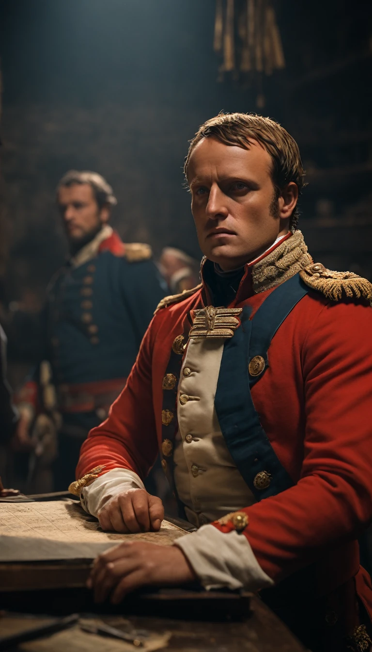 Reenact scenes of Napoleon strategizing with his generals before the campaign, background dark, hyper realistic, ultra detailed hyper realistic, photorealistic, Studio Lighting, reflections, dynamic pose, Cinematic, Color Grading, Photography, Shot on 50mm lens, Ultra-Wide Angle, Depth of Field, hyper-detailed, beautifully color, 8k