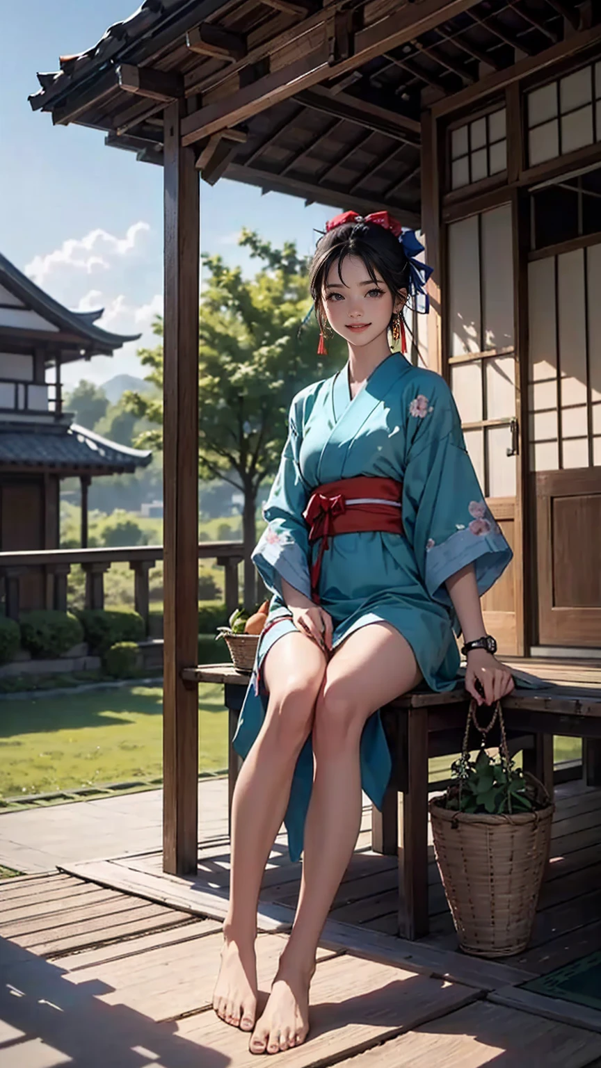 ((最high quality, 8K, masterpiece: 1.3, Ultra HD, high quality, 最high quality, High resolution, realism)) 、A stunningly beautiful 22-year-old Japanese woman、hair color is black、black eye、medium hair、straight hair、smile、Slender but well-proportioned muscular body、Athlete-like body type、I don&#39;t want my head to disappear from the screen.、Wearing accessories on your wrist、Wearing red nail polish、I have a peticure、Sitting on the veranda of a Japanese house in the Japanese countryside、It&#39;s summer、A wind chime is hung in front of the eaves.、barefoot、There is a basket full of tomatoes and carrots on the veranda.、The basket is made of woven bamboo strips、A courtyard spreads out in front of the verandah.、There is a well with a hand pump in the courtyard.、wear a yukata、smile((smile))、hair band((hair ribbon))