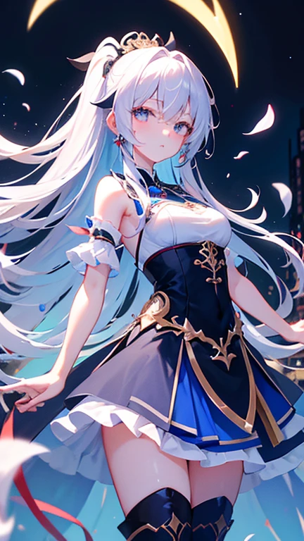 Jingliu of Honkai Star Rail, silver hair, blindfold, beautiful, city, High resolution, super sharp, 8K, masterpiece, looking at the viewer, sword, A veil with a silver crescent moon in the middle, An elegant black dress, Dark blue and white with moon phase design, Blue ribbon in hair、The dress has red ribbons on the waist and back., Dark Boots