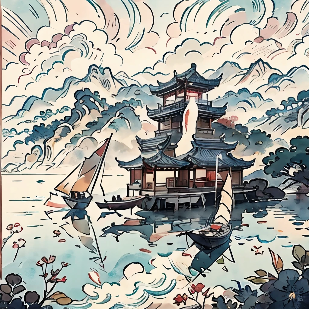 Mountain painting with a pagoda on a small island, Chinese watercolor style, Chinese painting style, pagoda figures, Chinese landscape, Chinese traditional watercolor painting, Chinese painting, Japanese art style, High detail watercolor 8K, Highly detailed watercolor 8k, Detailed 4k, The whole thing looks like the two Chinese characters Wang Wei