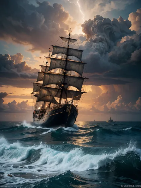 surreal art of a pirate ship in the midst of a sea storm of large waves, an ancient column immersed in the abstract, swirling wa...