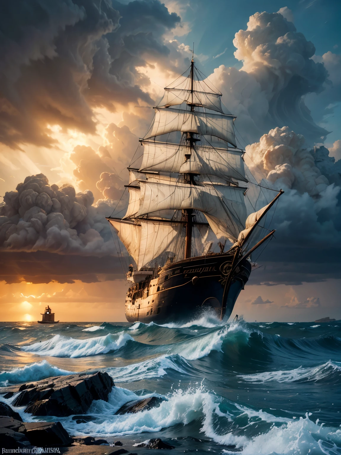 Surreal art of a pirate ship in the midst of a sea storm of large waves, an ancient column immersed in the abstract, swirling waves of the sea, billowing in the stormy air as the spectacular setting sun paints the sky. with red clouds, dark clouds intertwined with lightning and a gentle drizzle, watercolor style masterpiece with a dodge effect creating a stormy sky, ancient Greek city blurred in the distance, ancient city in fog, lighthouse shining, the lighthouse illuminates the sea, old galeon ship battered by storm, art realistic oil painting,