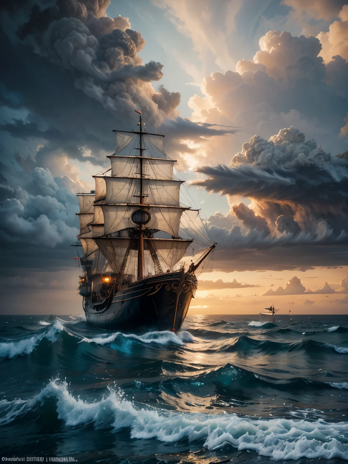 Surreal art of a pirate ship in the midst of a sea storm of large waves, an ancient column immersed in the abstract, swirling waves of the sea, billowing in the stormy air as the spectacular setting sun paints the sky. with red clouds, dark clouds intertwined with lightning and a gentle drizzle, watercolor style masterpiece with a dodge effect creating a stormy sky, ancient Greek city blurred in the distance, ancient city in fog, lighthouse shining, the lighthouse illuminates the sea, old galeon ship battered by storm, art realistic oil painting,