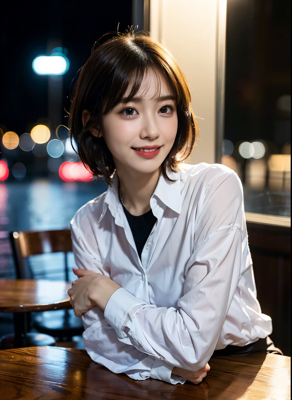 (8k, best quality, masterpiece:1.2), (realistic, photo-realistic:1.37), ultra-detailed, 1 girl,cute, solo,beautiful detailed sky,detailed cafe,night,sitting,dating,(nose blush),(smile:1.15),(closed mouth) small breasts,beautiful detailed eyes,(collared shirt:1.1), night, wet,business attire, rain,white lace, (short hair:1.2),floating hair NovaFrogStyle,