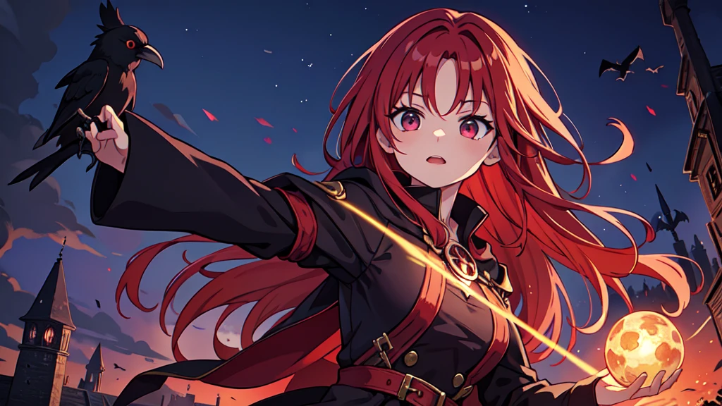 Witch, RPG, Sorceress, Magic, Red-haired Woman, reaching for a crow, night background