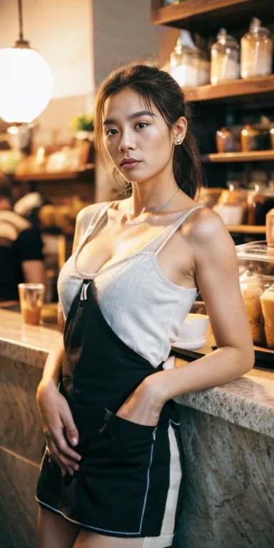 summer，hot，Lazy afternoon，full body portrait，original photo，A sexy girl working at a counter in Starbucks，(((sweat:1.1)))，(Baris...