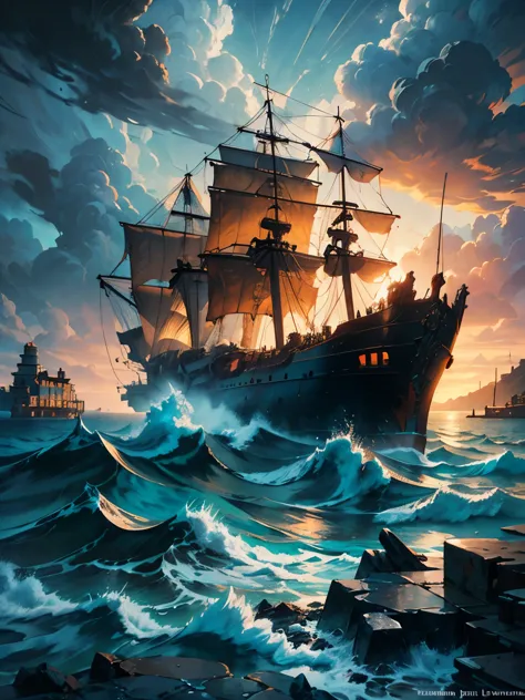 surreal art of a pirate ship in the midst of a sea storm of large waves, an ancient column immersed in the abstract, swirling wa...