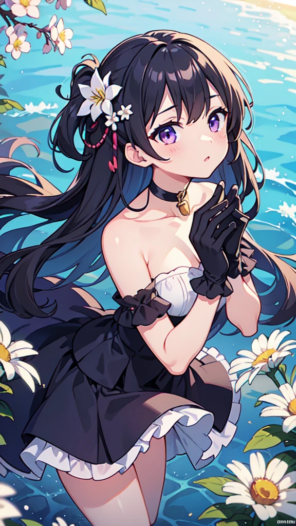 masterpiece, best quality, extremely detailed 8K wallpaper, 1girl, outdoors, Helena(Azur lane),strapless dress, dress, layered dress,white flower, hair ornament, purple eyes, (choker), outline, (black gloves), bare legs, looking up at a crow