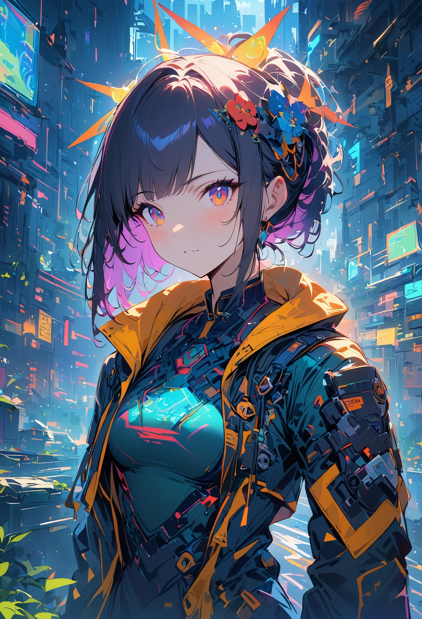 Une fille, tout le corps, traits du visage clairs, Des traits du visage étonnants, Beaux yeux, vêtements chinois, Cyberpunk chinois, Couvre-chef de ville cyberpunk, accessoires pour cheveux, Conception super complexe, armure mécanique, science et technologie, éclairage époustouflant, c4d, Rendu overclocké, lumière de bord cinématographique, Belle lumière, chef-d&#39;œuvre, super détails, travail épique, ultra haute définition, Haute qualité, 32k