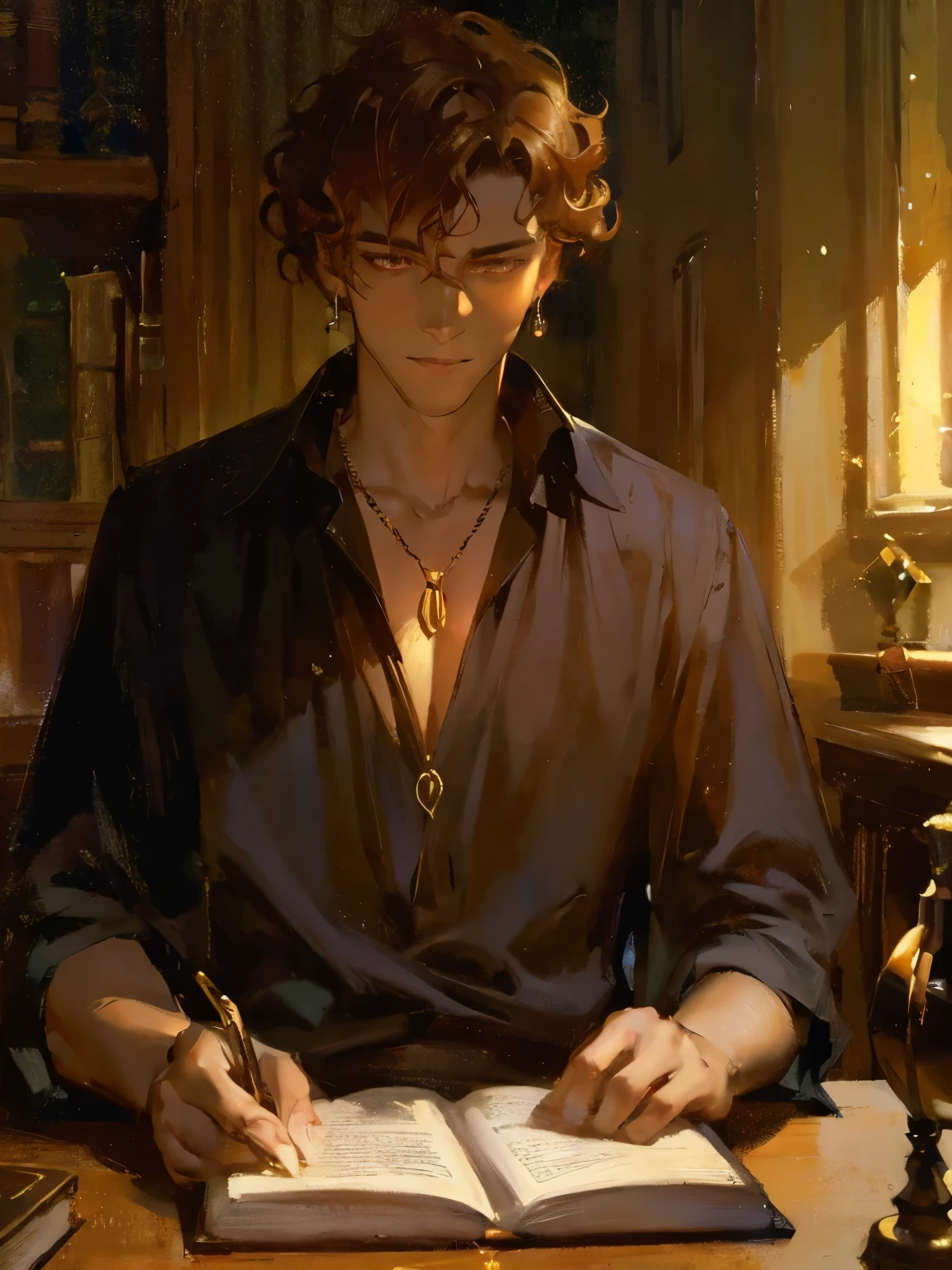 (masterpiece, best quality, high quality, highres:1.2), modern upper body, shoulders, ((male)), adult man, 27yo, tan skin, short messy hair, ((light hair)), messy hair, (curly hair), gold eyes, glowing eyes, hair over forehead, necklace, t-shirt, portrait, lost gaze, library background, (dark background), front, dark clothes, dramatic lighting, face in shadow, warm tones, dark academia, loose shirt, earrings, interior background, magic particles, painterly illustration, Artstation, impressionism painting, realistic, 1boy, fortune teller, book on a table, looking at viewer, dark skin, mystical, magical, glow, glowing, dark magical lighting, moody, cinematic, sparkle, glittering, darkness