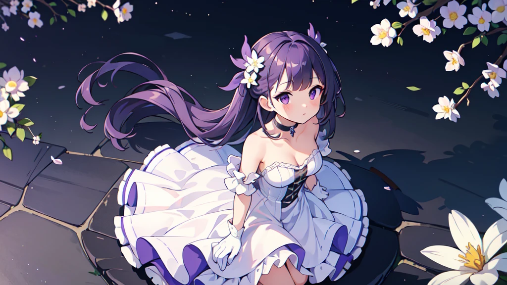 masterpiece, best quality, extremely detailed 8K wallpaper, 1girl, outdoors, Helena(Azur lane),strapless dress, dress, layered dress,white flower, hair ornament, purple eyes, (choker), outline, (black gloves), bare legs, looking up at a crow