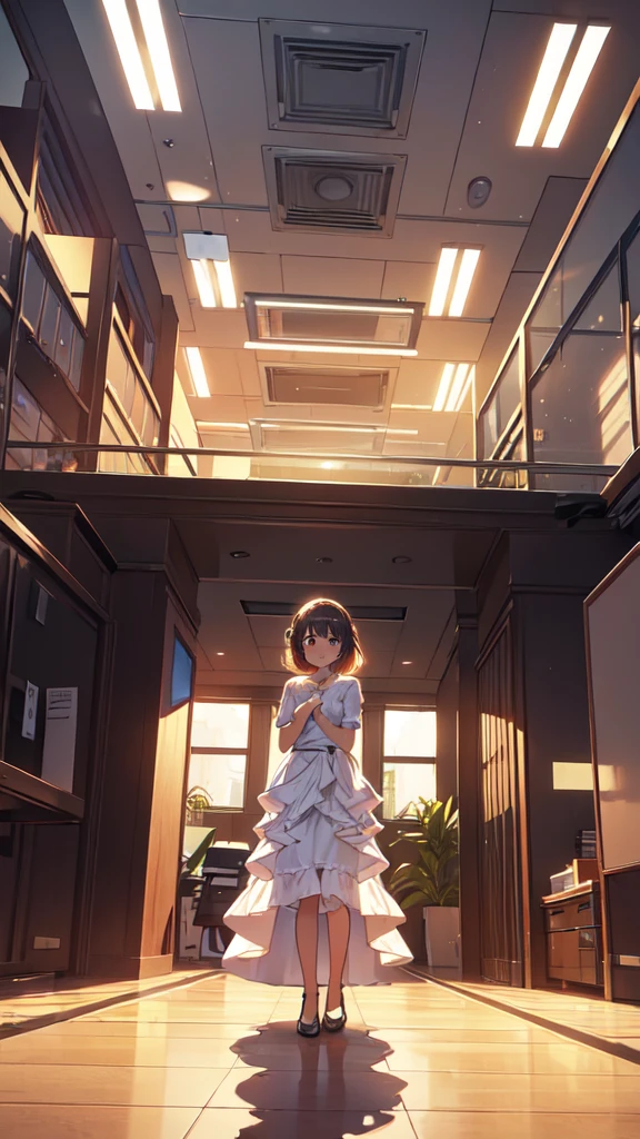 Masterpiece, Excellent, (Office: 1.8), CG drawing with super high detail, standing, 1 royal sister, angry, a woman with short tan hair, layered dress, hands crossed at waist, facing the audience, illustration, wide angle panorama