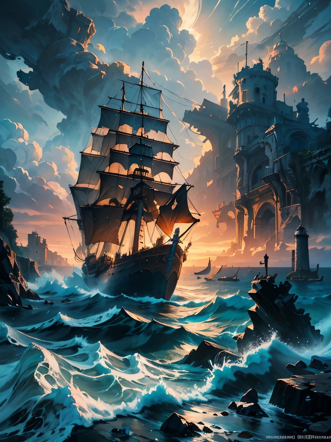 Art surréaliste d&#39;un bateau pirate au milieu d&#39;une tempête de grosses vagues, une colonne antique immergée dans l&#39;abstrait, vagues tourbillonnantes de la mer, ondulant dans l&#39;air orageux tandis que le soleil couchant spectaculaire peint le ciel. avec des nuages rouges, des nuages sombres entrelacés d&#39;éclairs et une légère bruine, chef-d&#39;œuvre de style aquarelle avec un effet d&#39;esquive créant un ciel orageux, ancienne ville grecque floue au loin, cité antique dans le brouillard, phare qui brille, le phare illumine la mer, vieux galion battu par la tempête, peinture à l&#39;huile art réaliste,