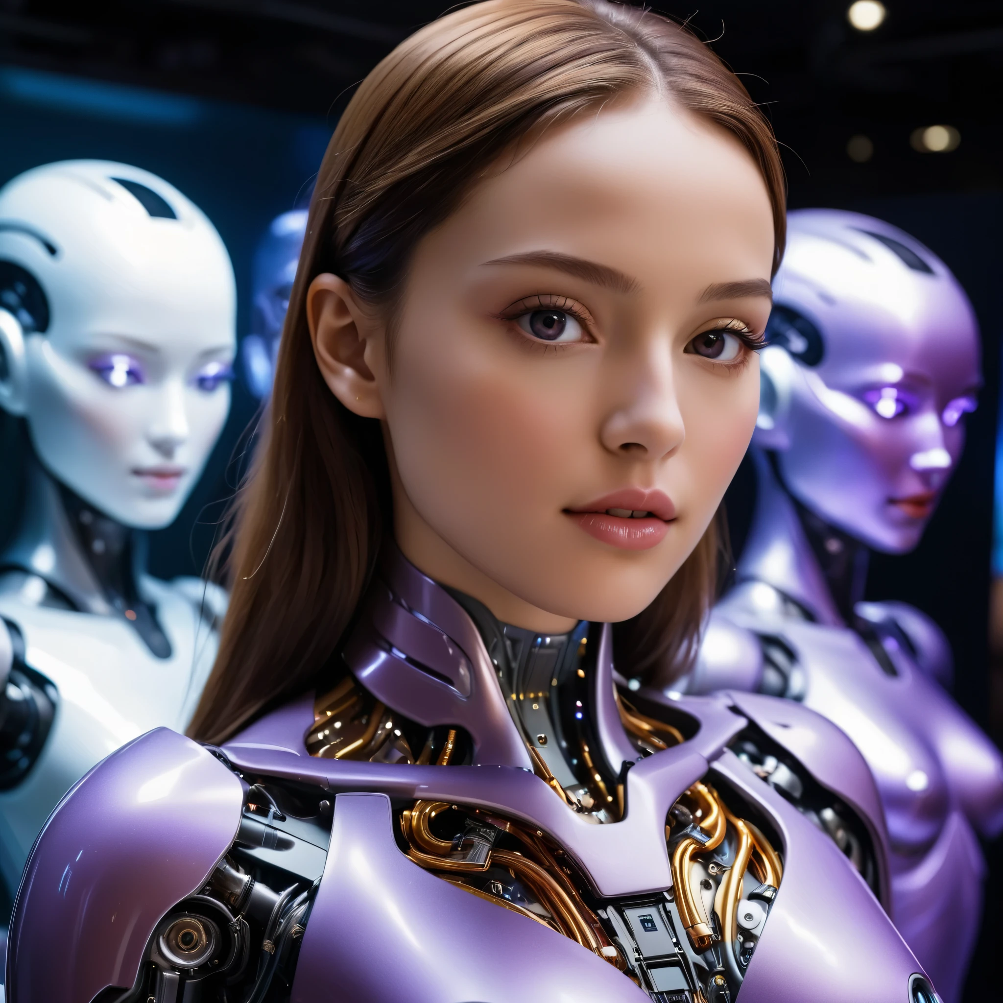 A close up of a woman in a purple suit with a robot behind her - SeaArt AI