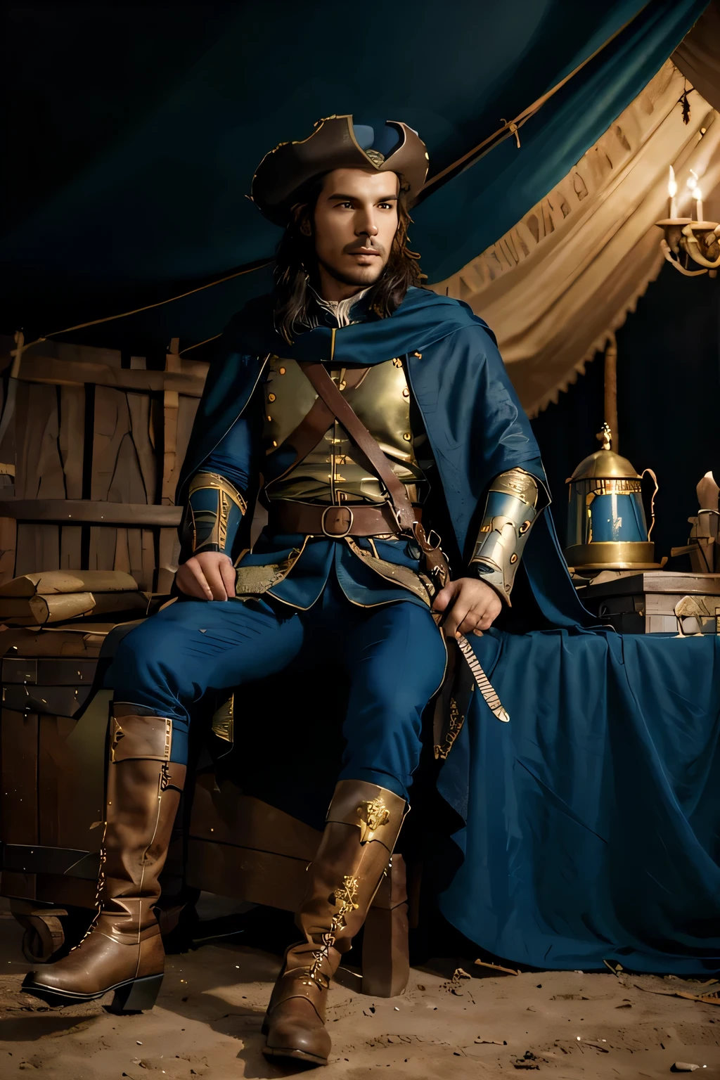 Very realistic Santiago Cabrera in rich noble musketeers renaissance costume blue and yellow colours. and dark leather musketeer hat with green piumino. with mortuary sword in hand. with high leather boots and blue cloak with golden embroidery. sit on wodden chest in medieval tent with fire bracer
