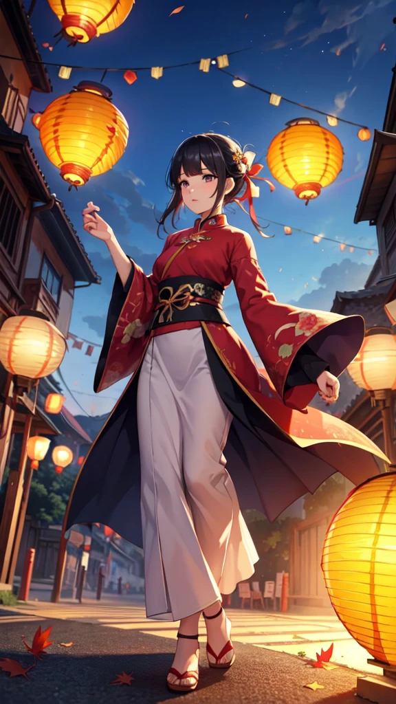 official art, unity 8k wallpaper, ultra detailed, beautiful and aesthetic, masterpiece, best quality, (Fire, water, ribbon, paper cutting), (fractal art:1.3) 1girl,building, (solo:1.5), chinese_clothes, sky, outdoors, wide_sleeves, black_hair, sunset, (falling_leaves:1.2), antern, (paper_lantern:1.5),blue sky, (outdoors:1.5),hanfu, (rainbow-candy:0.8), (style-swirlmagic:0.8),