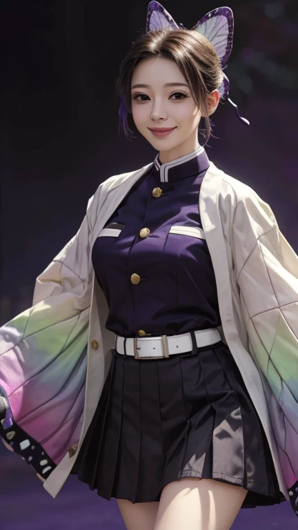 Shinobu, Shinobu Uniform, shinobu attire,butterfly,weapon,bug,jacket,short hair,hair ornament, wide sleeves, sword,
belt, skirt,
purple background,
(best quality, masterpiece, RAW photo,ultra-detailed:1.2), 1girl,solo,looking at viewer,smile