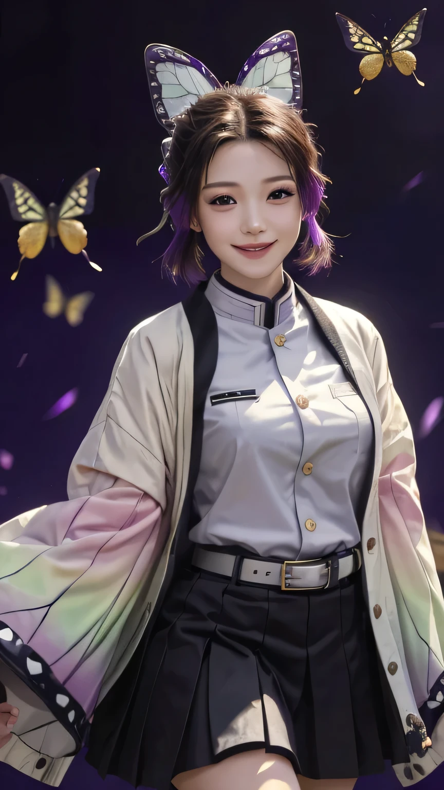 Shinobu, Shinobu Uniform, shinobu attire,butterfly,weapon,bug,jacket,short hair,hair ornament, wide sleeves, sword,
belt, skirt,
purple background,
(best quality, masterpiece, RAW photo,ultra-detailed:1.2), 1girl,solo,looking at viewer,smile