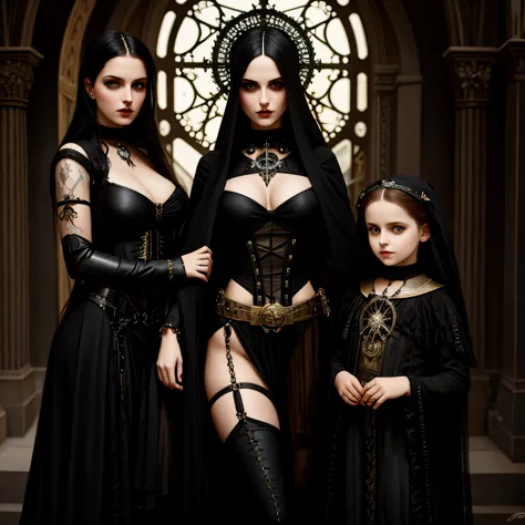 gothic Italian white ethnic Bikini warrior mom and her daughters white ethnic, full figure, perfect posing for a photo, goth fam...
