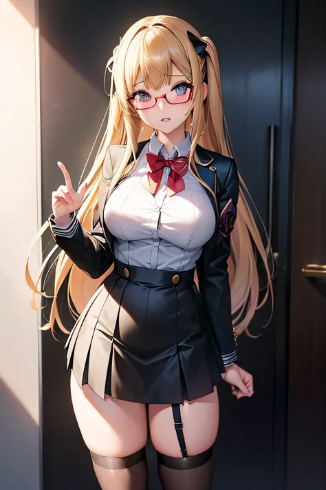 anime girl in a short skirt and glasses, standing, a hyperrealistic , hyperrealistic , realistic , misa amane *, school girl, cy...