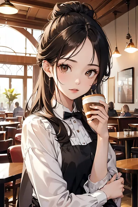 best quality, highres,Slender、brown eyes、tall、black hair、（Forehead exposed:1.7)、(semi-long:1.3),bun hair、(Cafe:1.4)
