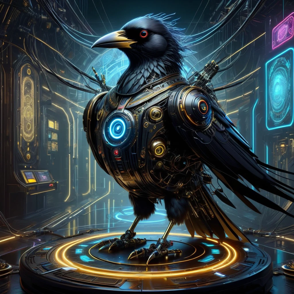  Cyberpunk Robot Crow equipped with artificial intelligence, navigating a surreal Gothic background, enhanced by gold and silver wires, standing on a wireless futuristic charging pad, featuring an ensemble of lasers and an intricate network of confusing details, including gears, neon ambiance, abstract black oil textures, gear mecha aesthetics, grunge elements, and photorealistic refinement, octane rendering, digital photo masterpiece, masterpiece, oil on canvas,, intricate details as seen in octane rendering, High Resolution, High Quality, Masterpiece
