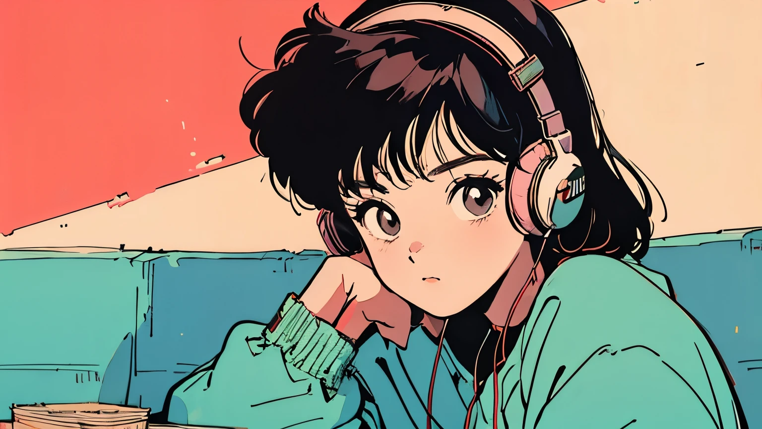 1woman, only, sitting at a table with headphones, sunset, African American, a book, Lofi Girl, Lofi Art, NULL Art Style, Lofi Feel, Lofi Portrait, Lofi Colors, NULL, Lo-fi Art, Lofi Vibes , Lofi vibe, Lofi hip hop, Satoshi might artstyle, Lofi Girl aesthetic