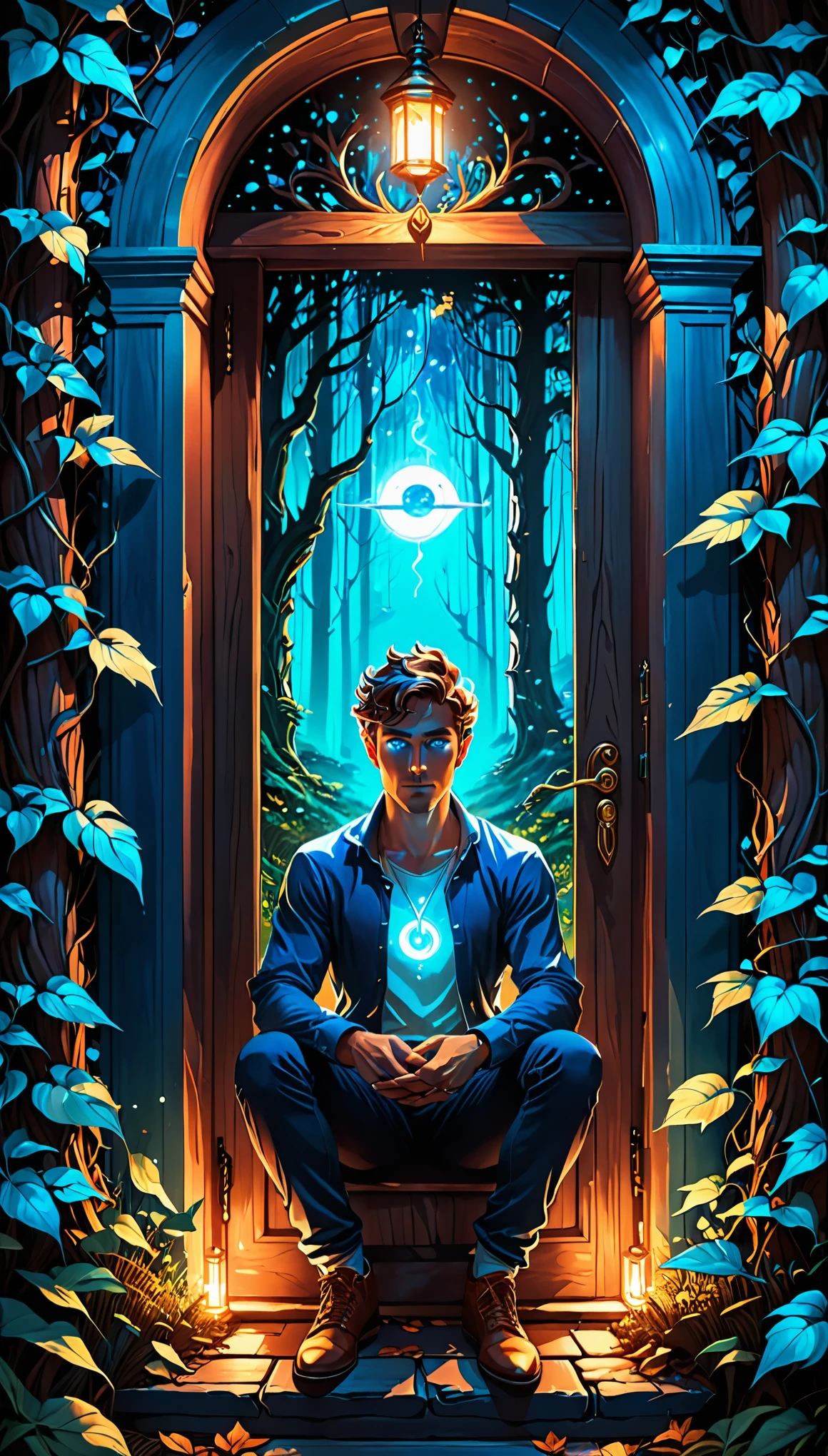 a man with glowing blue eyes sits in the doorway, Cyril Rolando и Горо Фудзита, inspired Cyril Rolando, In the style of Cyril Rolando, in the style of Dan Mumford, Cyril Rolando, digital 2D fantasy art, Detailed digital art 4k, Epic fantasy in digital art style, 4K fantasy art, Forest Soul.