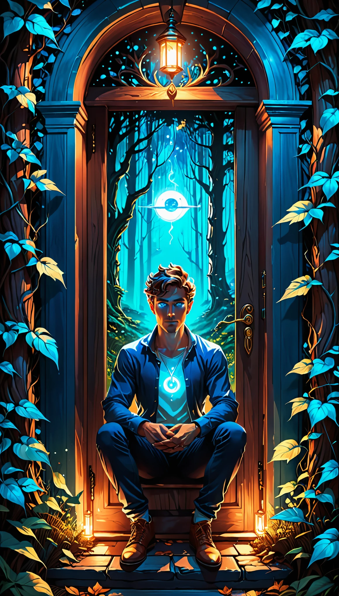 un homme aux yeux bleus brillants est assis dans l&#39;embrasure de la porte, Cyril Rolando et Goro Fujita, inspiré par Cyril Rolando, à la manière de Cyril Rolando, dans le style de Dan Mumford, Cyril Rolando, art fantastique numérique 2d, Art numérique détaillé 4k, Fantaisie épique dans le style de l&#39;art numérique, Art fantastique 4k, âme de la forêt.