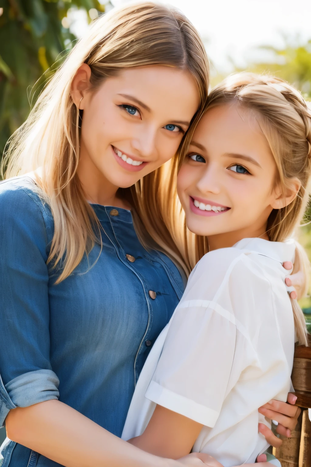A mother and daughter yellow hair blue eyes on a magazine cover, vibrant colors, high-resolution, realistic portrayal, fashion-forward, loving bond, trendy attire, captivating smiles, natural beauty, professional lighting, contemporary style, artistic composition