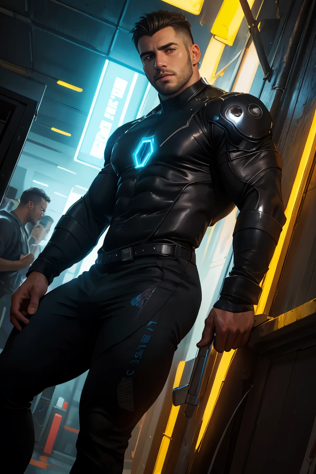 30 years old man, stubble, wearing transparent see-through futuristic clothes, breathtaking grandeur, LED internal lighting, cyberpunk style, fibre optic hair, glowing blue iris, muscular, best quality, masterpiece, intricate details, dynamic pose, dynamic angle, (surreal), (illustration), ((oil painting \(medium\):1.2)), sharp focus, soft lighting, vibrant colors, cinematic photography, dynamic angle, volumetric lighting, film grain, hard shadows