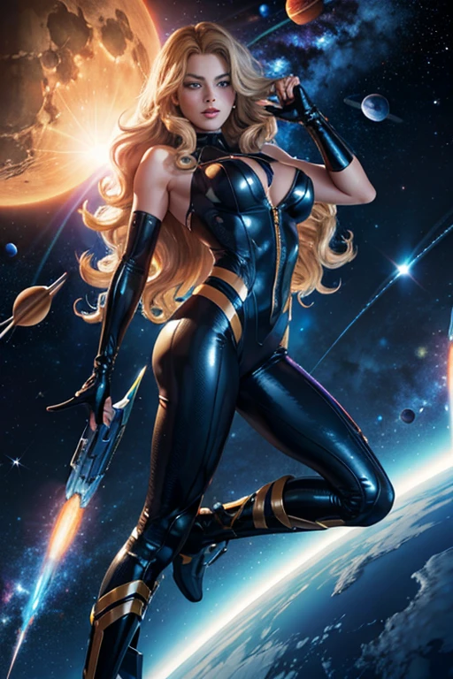 Margot Robbie, Mujer superhéroe espacial, cuerpo completo,chaleco de alta tecnología sobre traje de látex negro, pelo largo y rizado, por Adam Hughes, (sexy), Volador, eyes extasy,flotando en el espacio profundo, con varios planetas y soles al fondo,
