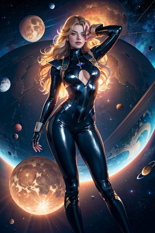 Марго Робби, женщина-космический супергерой, все тело,жилет в стиле хай-тек поверх черного латексного костюма, длинные вьющиеся волосы, Адам Хьюз, (сексуальный), летающий, глаза экстаз,плавающий в глубоком космосе, с несколькими планетами и солнцами на заднем плане,