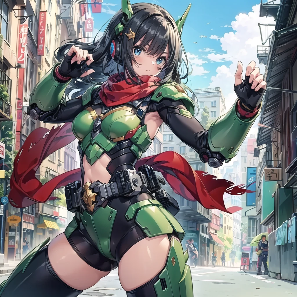 masterpiece, best quality, high resolution, extremely detailed CG, 1girl,  Transforming heroine, henshin belt, ((black_hair)), mecha belt, headgear, (red_scarf), mecha armored, thighs, thighs boots, roadshow, street, fighting stance, looking at viewer, hero posing,More Detail, blue sky