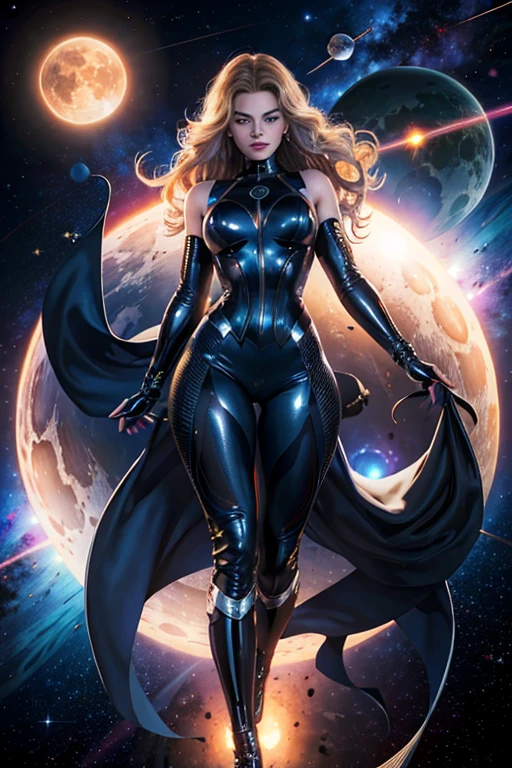 Margot Robbie,space super hero, full body,hi-tech vest over black latex suit, long curly hair, by Adam Hughes, (sexy), flying, eyes extasy,floating in deep space, with several planets and suns in the background,