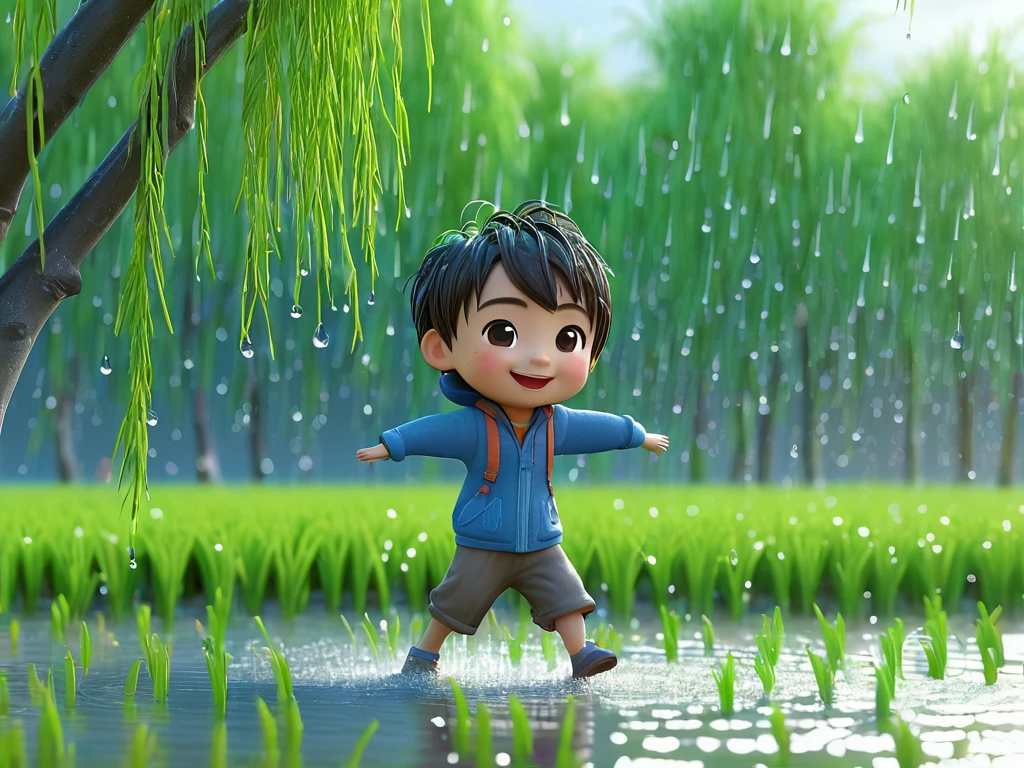 A cute , chibi, dancing in the rain, happy, spring, rice fields, willow trees, sky, water droplets, full of creativity, full of fantasy, bright atmosphere, C4D rendering, 3D, Pixar style, simple background