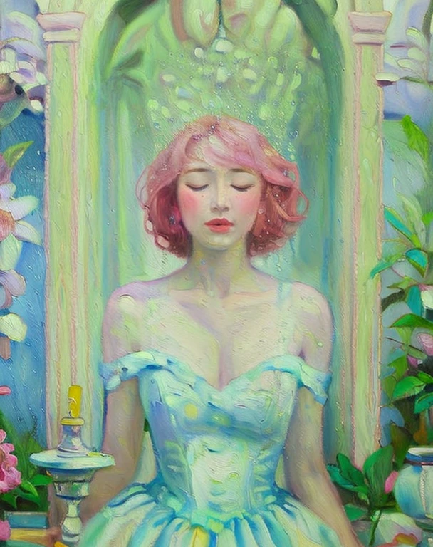 Calculated composition of the painting、Arianna's work andalas and flowers、(oil painting:1.5), (NSFW:1.2), a woman joyfully twirling in the raining paint, paint raining, thick paint rainbow hair, body covered with paint, joyful, ((sfw)), calm facial expression, relaxed, gentle smile, (clothes made of liquid paint)), front view, ((small breasts, relaxed face, relaxed shoulders)), ((dynamic pose)), liquid details, correct anatomy, both arms visible, ((top-quality, 8K)), (Realistic), (Face Focus: 1.1), (blue and pink: 1.3), Kawaii Girl, short-hair, Hair fluttering in the wind, Facing to the side, Look up at your face, Eyes closed, (Sleeveless: 1.1)、Skirt, D Cup Breasts, Countless soap bubbles,
