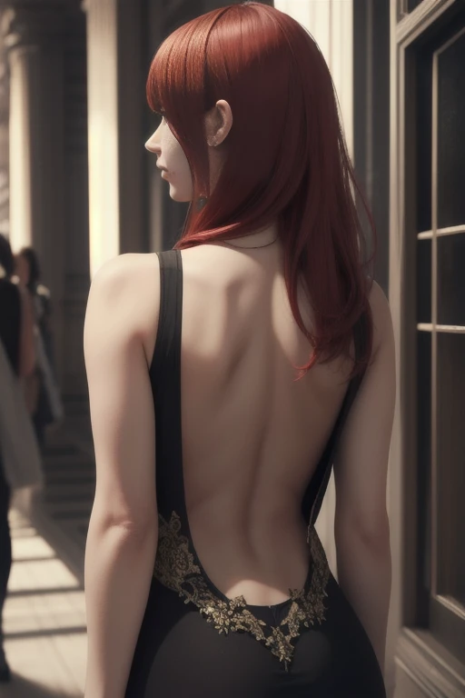 Extremely realistic shading, masterpiece, extremely detailed, photorealistic, 1girll, playgame, From the side, From behind, Backless, Red hair, Large display, fancy dress,