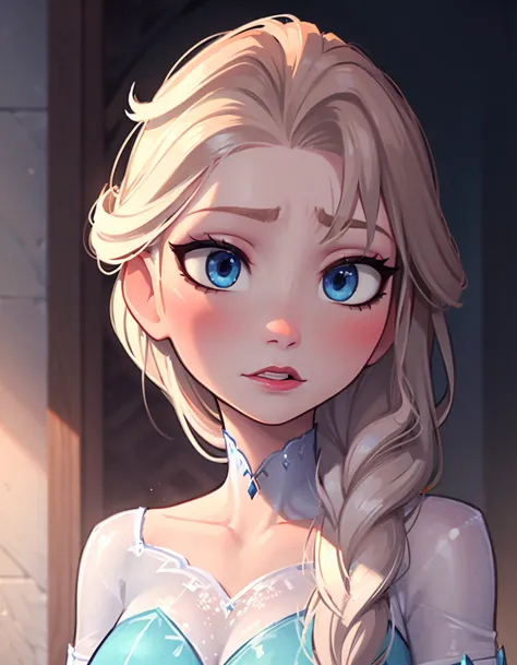Elsa portrait, single braid, ice dress, portrait, realistic body